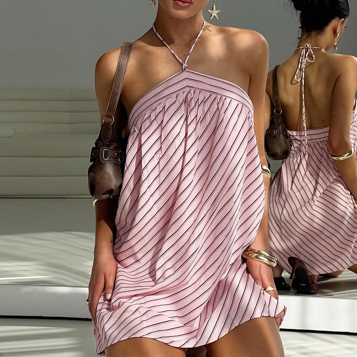 Striped Halter Neck Backless Swing Mini Dress 2