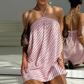 Striped Halter Neck Backless Swing Mini Dress 2