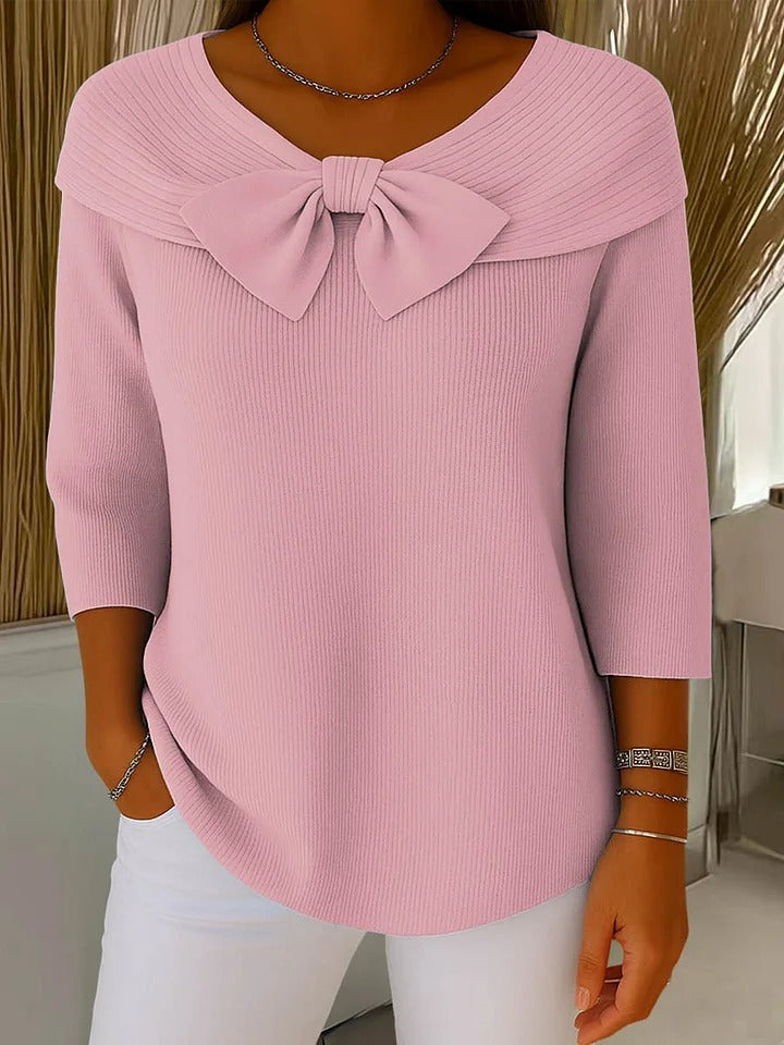 Bow Detail Foldover Neck Ribbed Knit Top