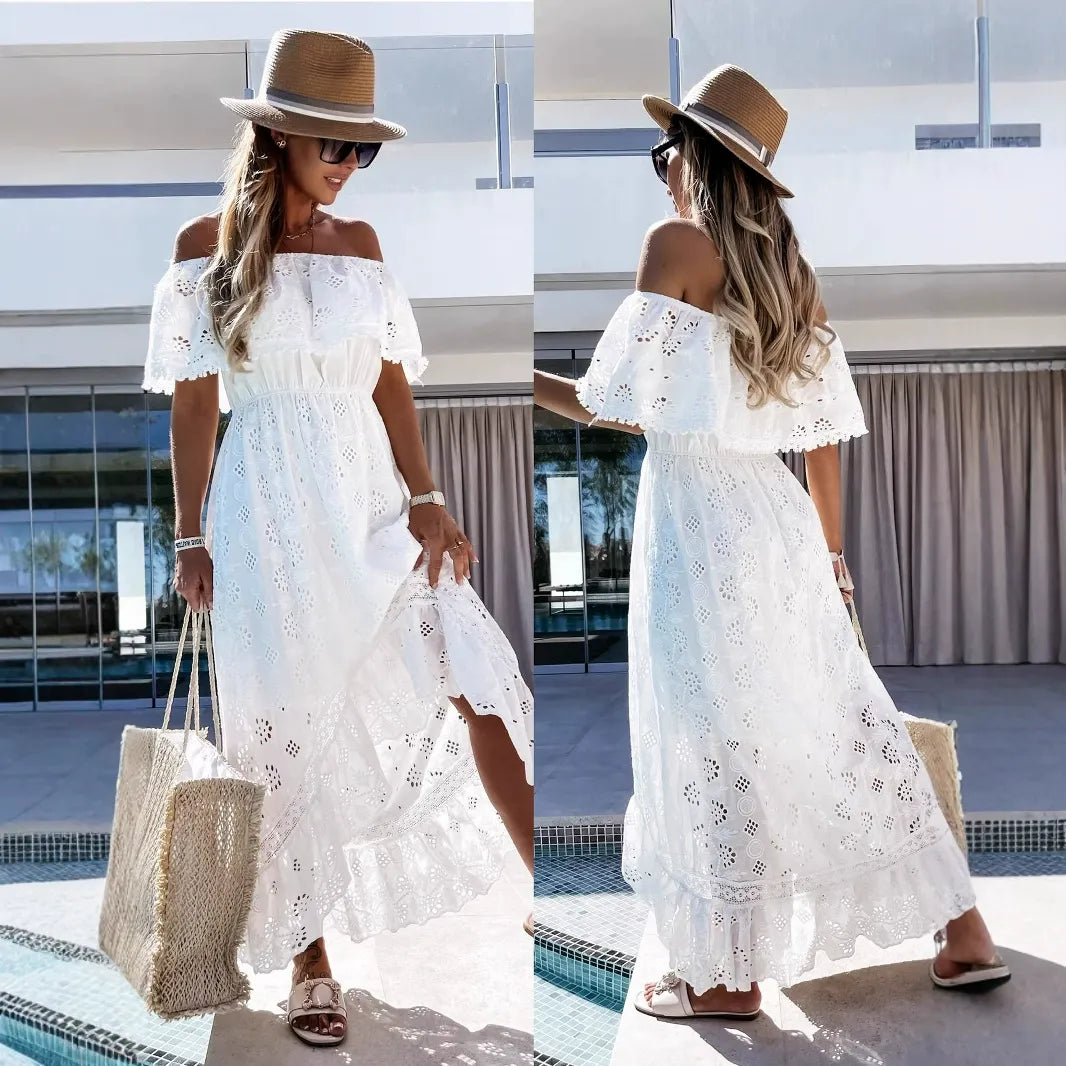 Eyelet Lace Off Shoulder Short Sleeve Tiered Maxi Dress 5