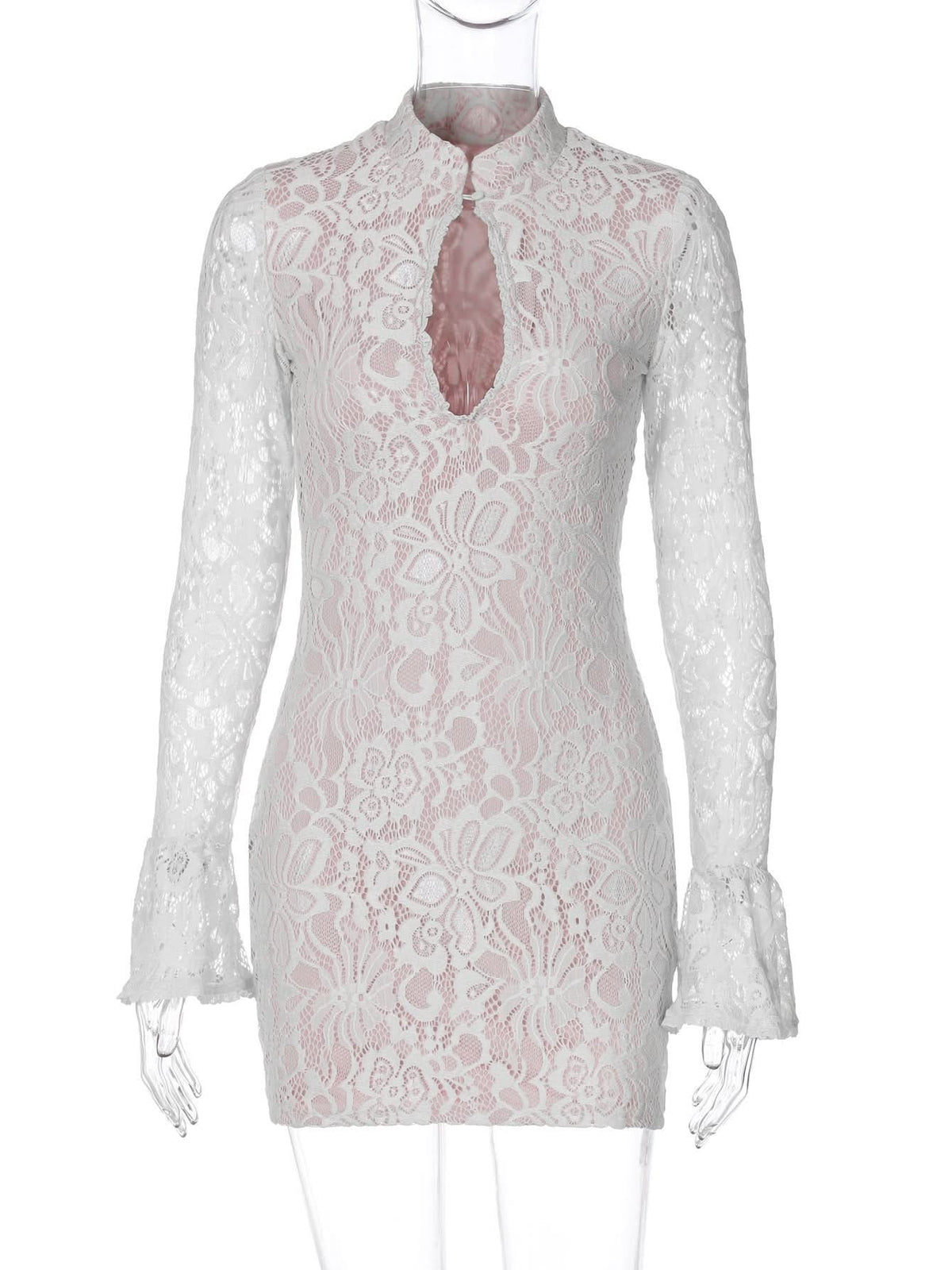 Lace Mock Neck Keyhole Cut Out Long Sleeve Bodycon Mini Dress 11