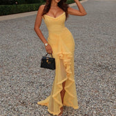 Sweetheart Ruched Ruffle High Split Mermaid Maxi Dress