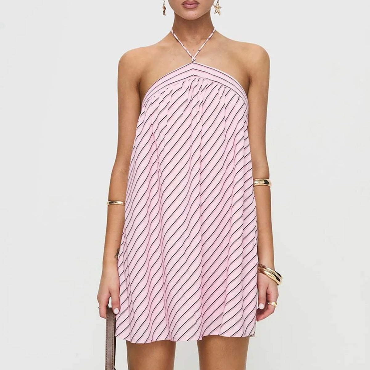 Striped Halter Neck Backless Swing Mini Dress