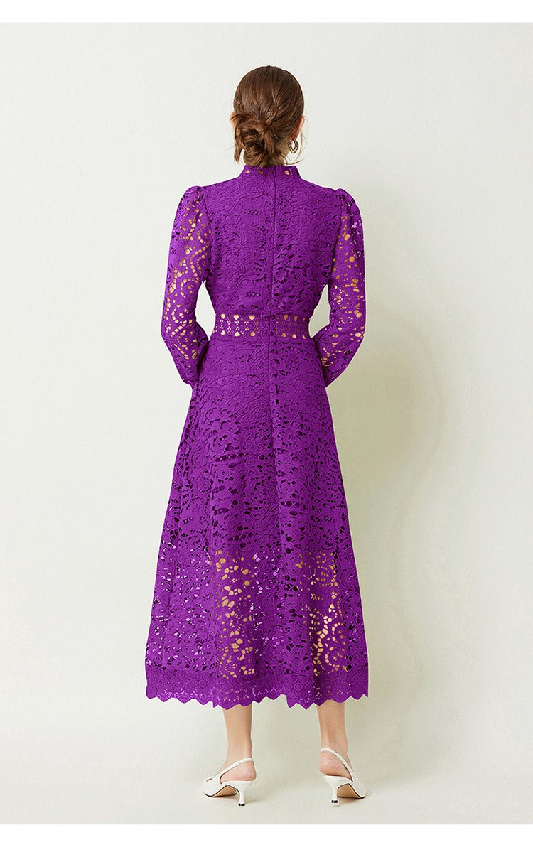Guipure Lace Ruffle Mock Neck Puff Long Sleeve A-Line Midi Dress 2