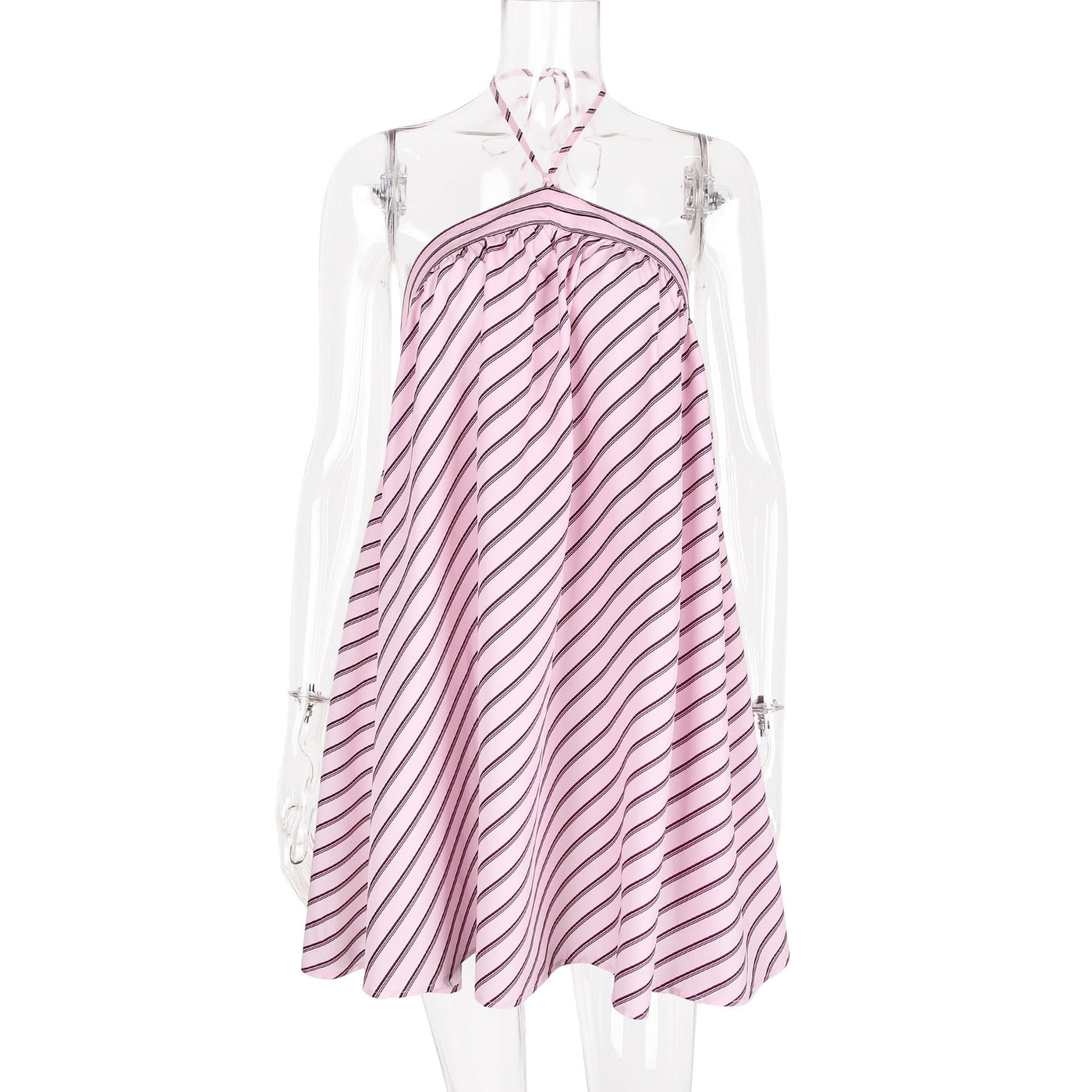 Striped Halter Neck Backless Swing Mini Dress 6