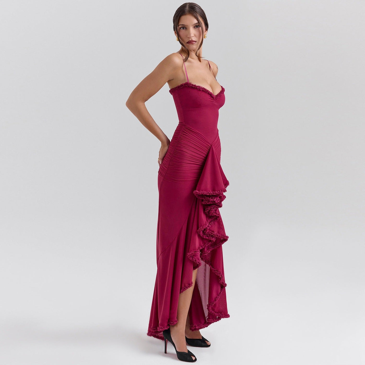 Sweetheart Ruched Ruffle High Split Mermaid Maxi Dress 8