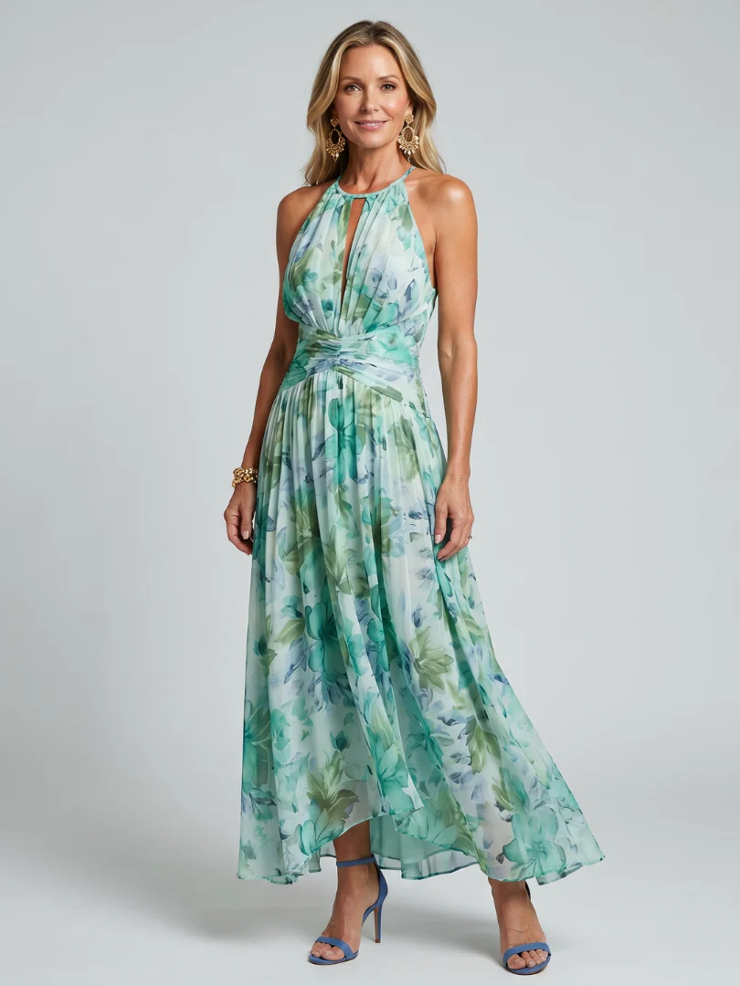 Floral Halter Neck Keyhole Pleated Chiffon Maxi Dress