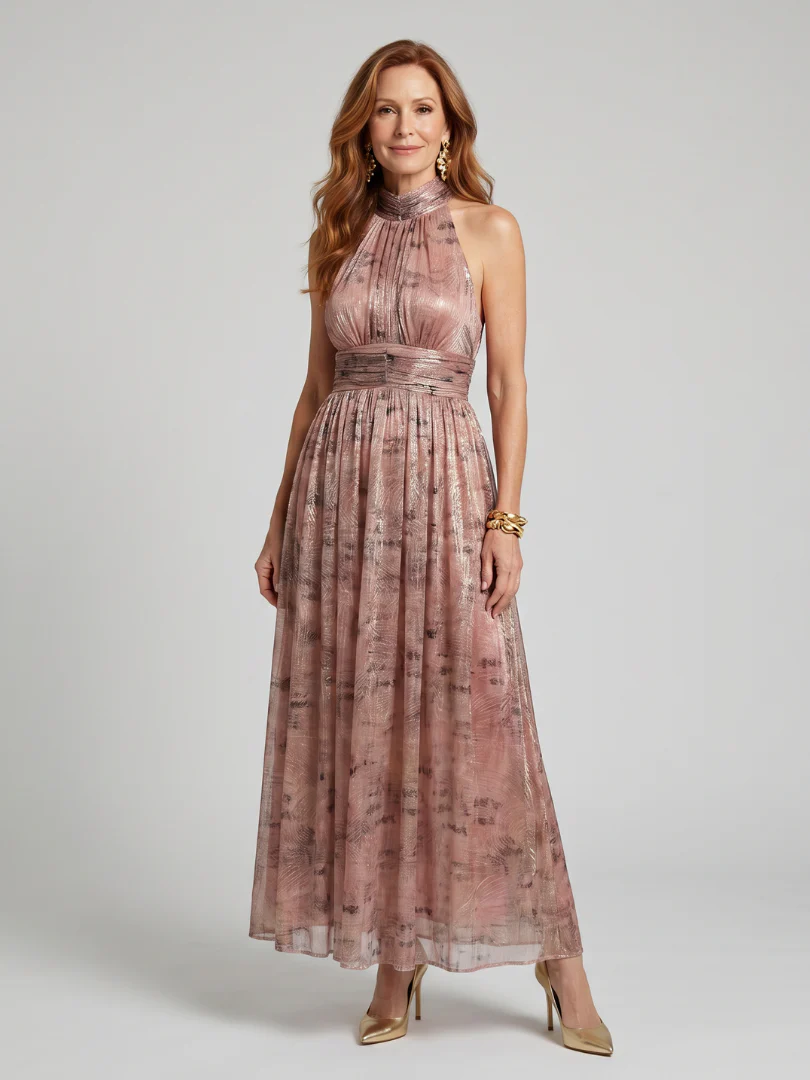 Halter Neck Pleated Chiffon Maxi Dress