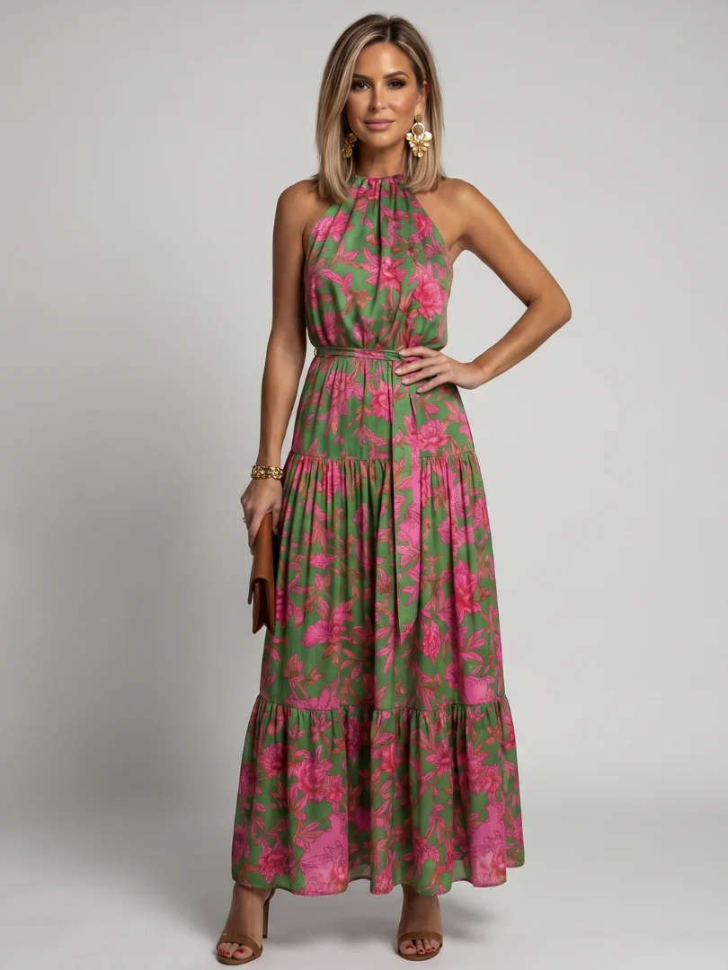 Floral Halter Neck Belted Tiered Maxi Dress 2