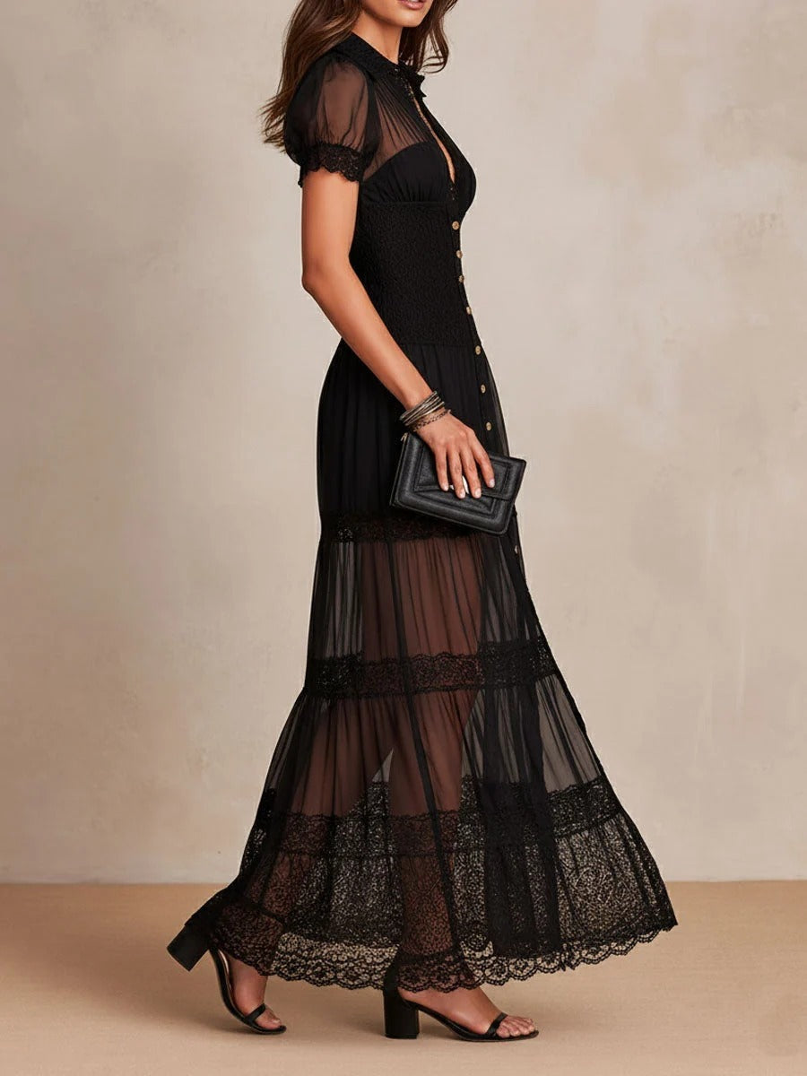 Sheer Mesh Lace Trim Button Front Smocked Waist Maxi Dress