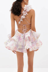 Floral Appliqué Deep V-Neck Tiered Ruffle Mini Dress 4