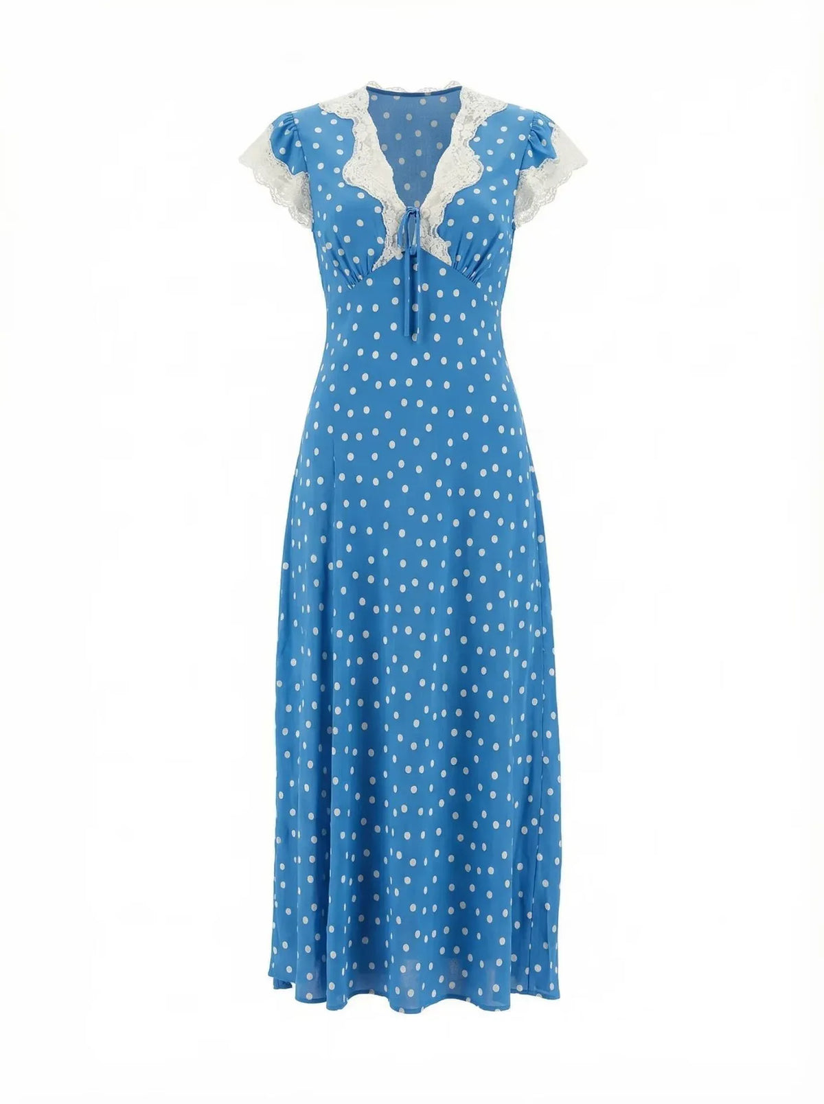 Polka Dot Lace Trim V-Neck Flutter Sleeve Tie Front Maxi Dress