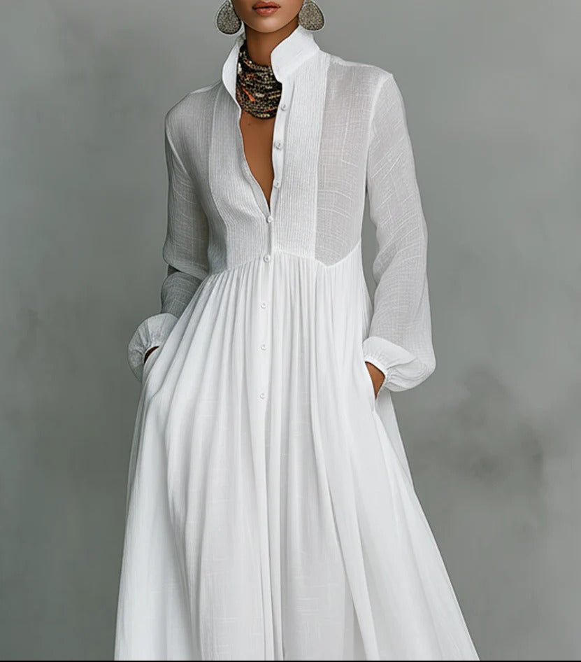 Stand Collar Long Sleeve Button Front Flowy Maxi Shirt Dress