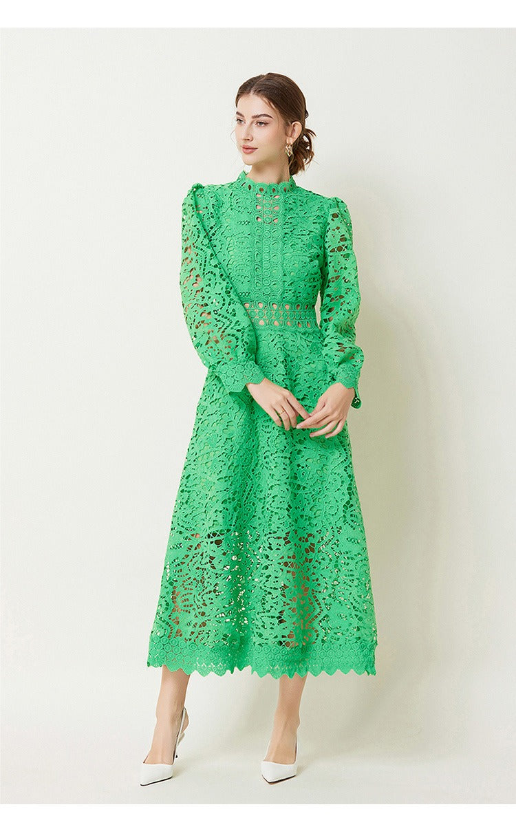 Guipure Lace Ruffle Mock Neck Puff Long Sleeve A-Line Midi Dress 4