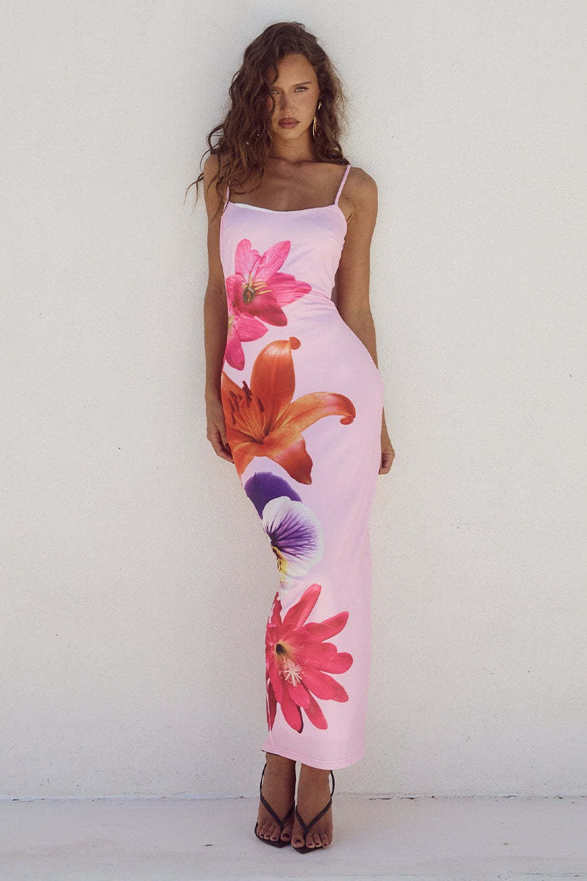 Floral Square Neck Spaghetti Strap Bodycon Maxi Dress 3