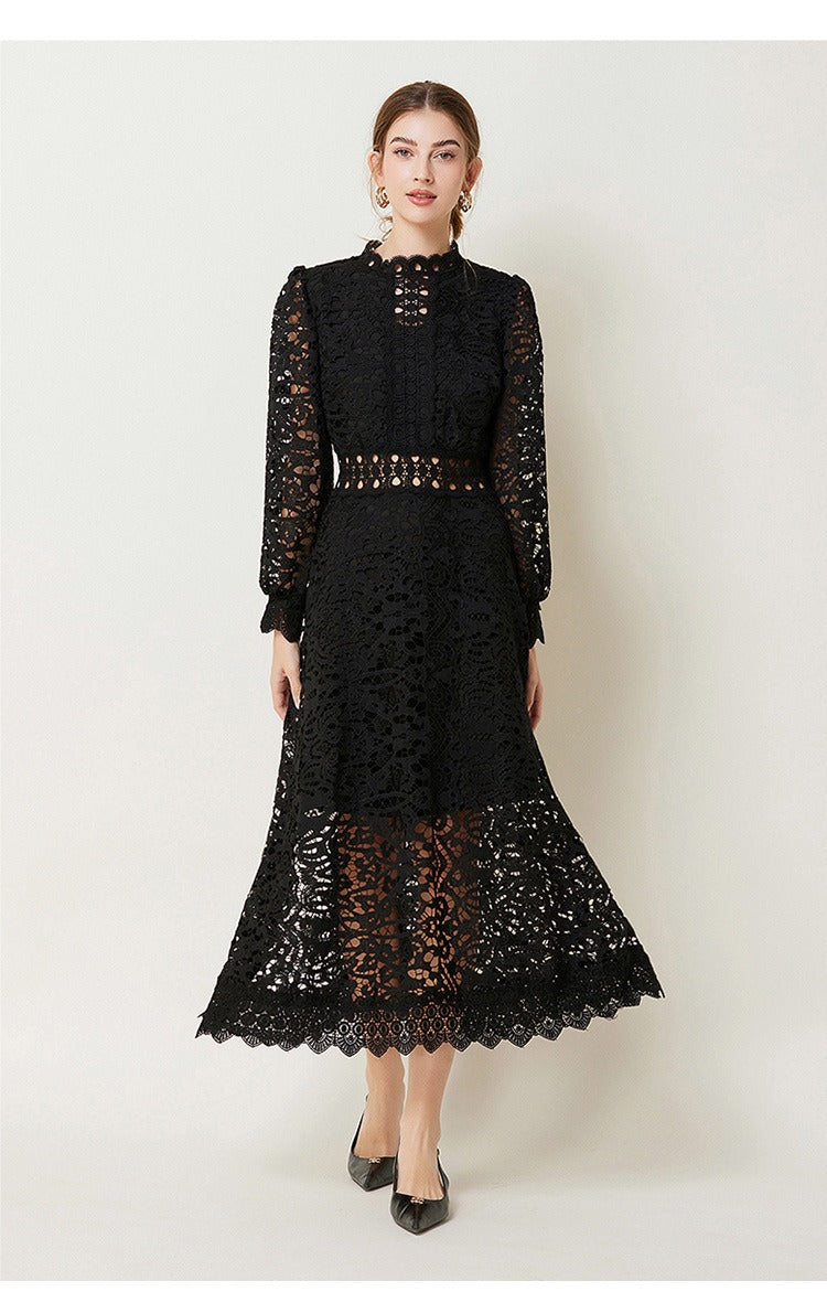 Guipure Lace Ruffle Mock Neck Puff Long Sleeve A-Line Midi Dress 6