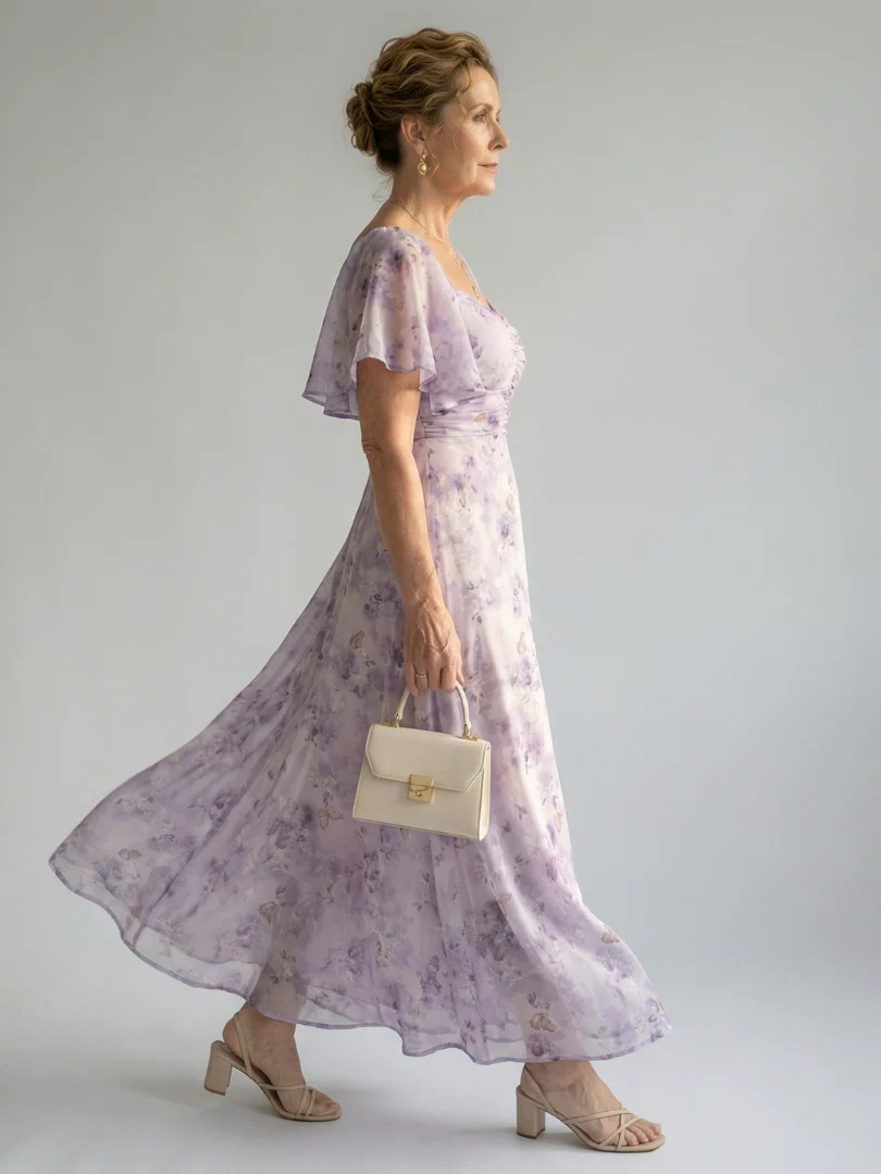 Floral Flutter Sleeve Square Neck Maxi Dress