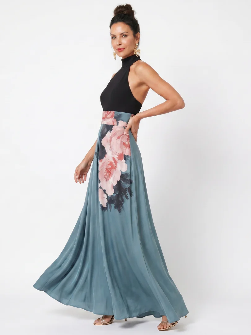 Halter Neck Floral Skirt High Split Maxi Dress