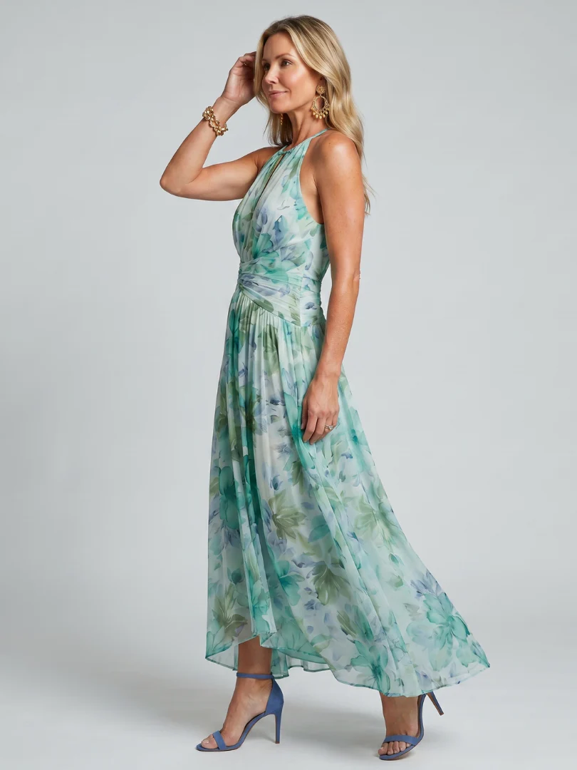 Floral Halter Neck Keyhole Pleated Chiffon Maxi Dress