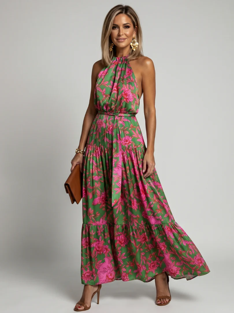 Floral Halter Neck Belted Tiered Maxi Dress 5