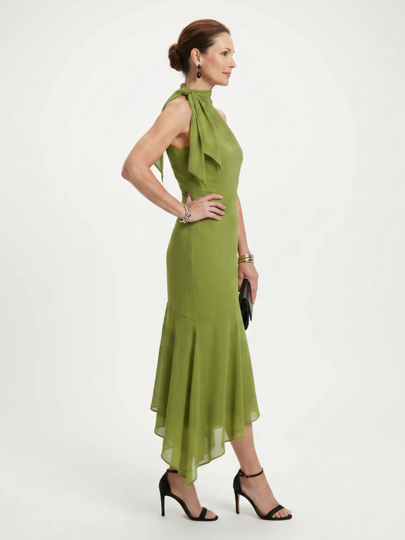 Halter Neck Tie Detail High Low Ruffle Midi Dress