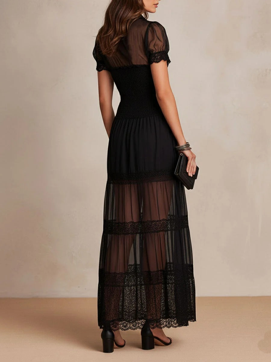 Sheer Mesh Lace Trim Button Front Smocked Waist Maxi Dress