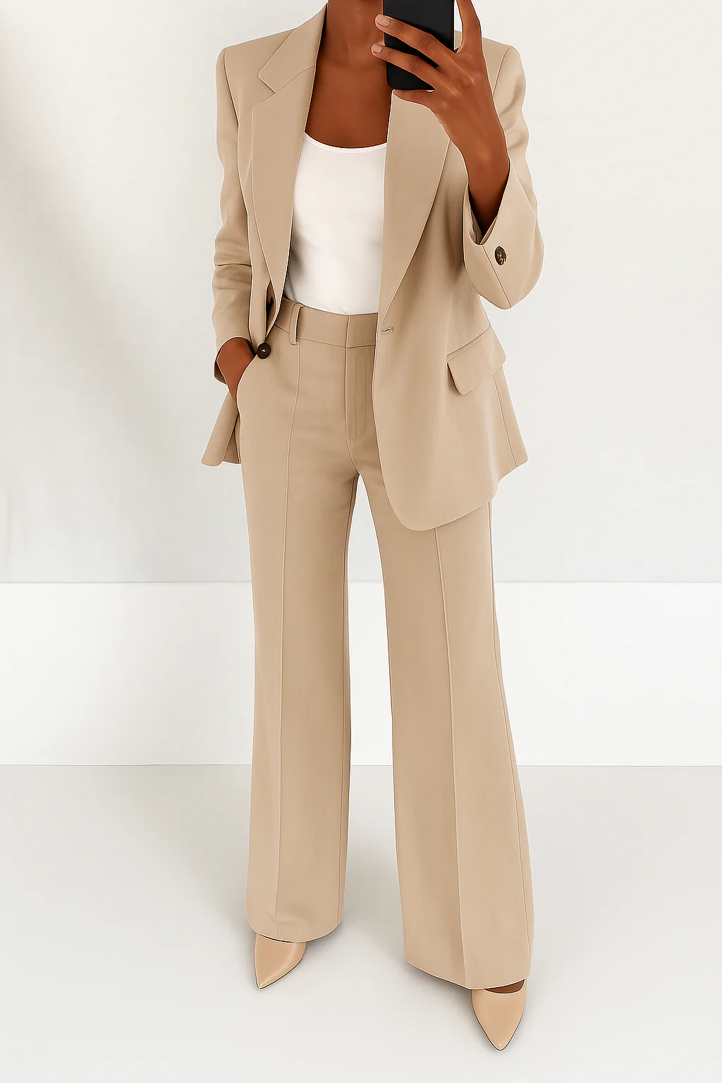 Single Button Blazer and Wide Leg Pants Two Piece Set