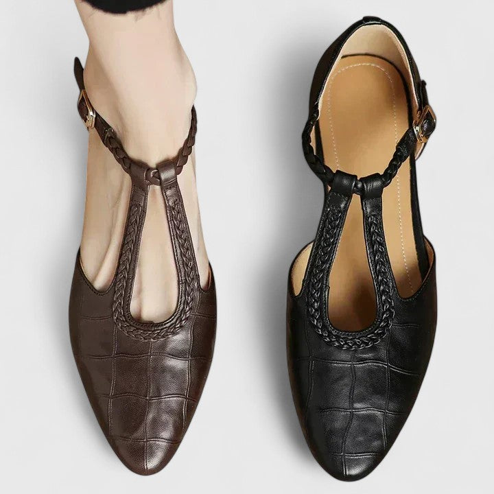 Croc Look Pointed Toe Braided T-Strap Flats