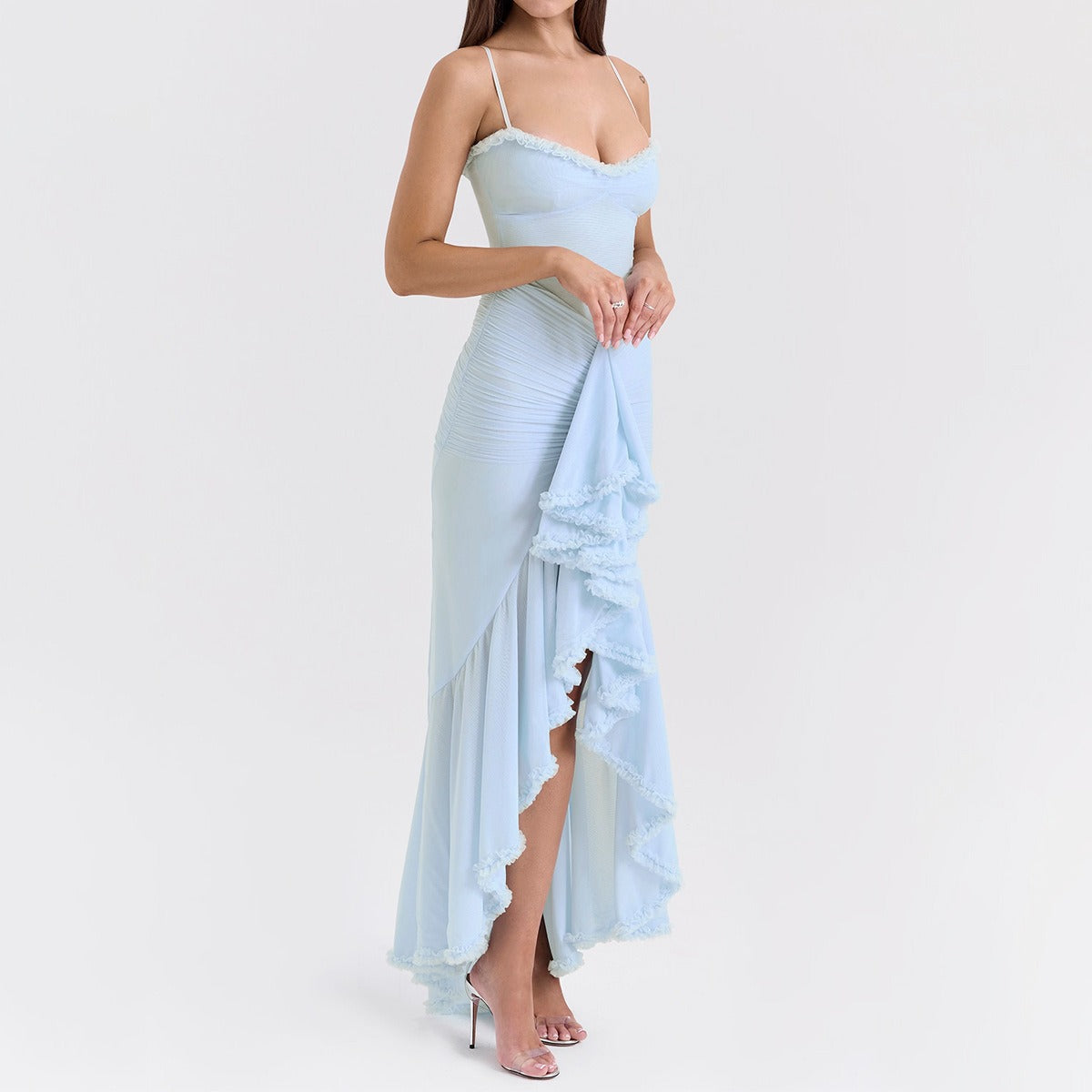 Sweetheart Ruched Ruffle High Split Mermaid Maxi Dress 10