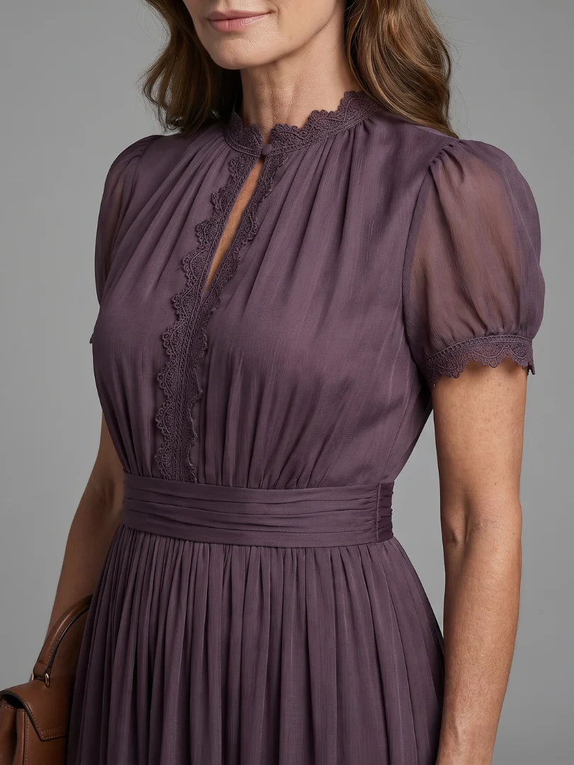 Lace Trim V-Neck Short Sleeve Pleated Chiffon Maxi Dress