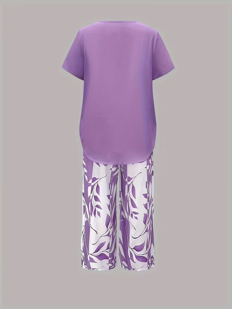 Short Sleeve Top and Leaf Print Cropped Pants Two Piece Set
