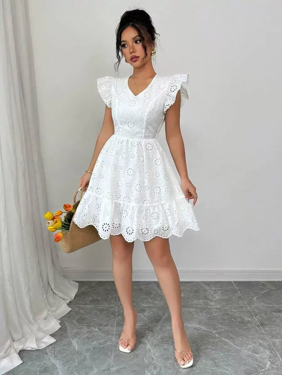 Eyelet Embroidery V-Neck Ruffle Sleeve Scalloped Hem Mini Dress
