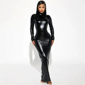 Metallic long sleeve high neck gloves backless ruched maxi dress 5
