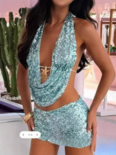 Sequin Halter Neck Cowl Two Piece Set