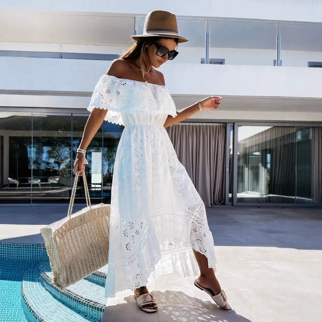 Eyelet Lace Off Shoulder Short Sleeve Tiered Maxi Dress 2
