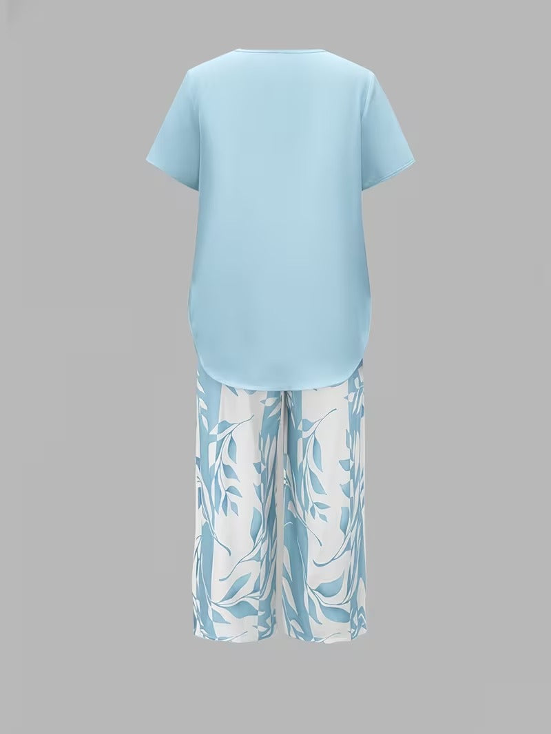 Short Sleeve Top and Leaf Print Cropped Pants Two Piece Set