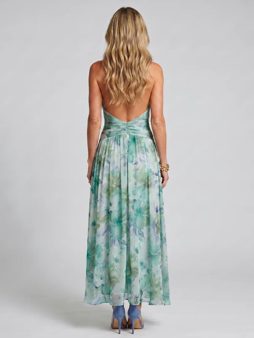 Floral Halter Neck Keyhole Pleated Chiffon Maxi Dress