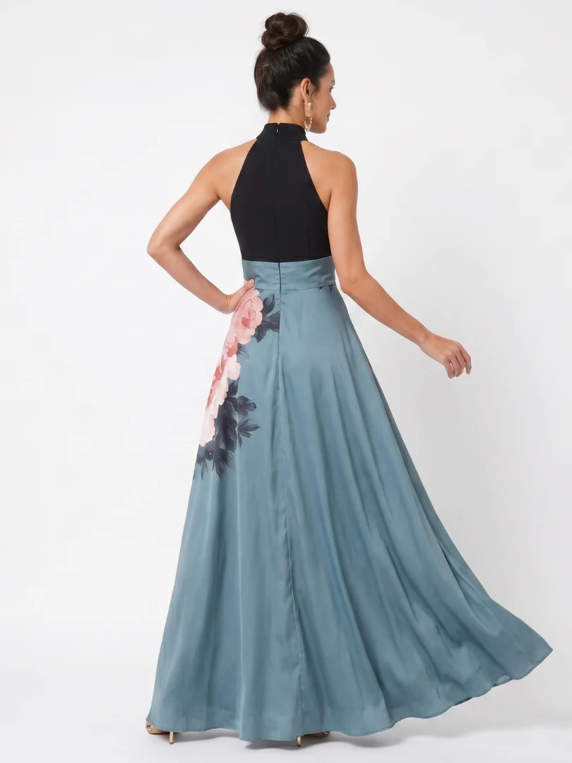 Halter Neck Floral Skirt High Split Maxi Dress