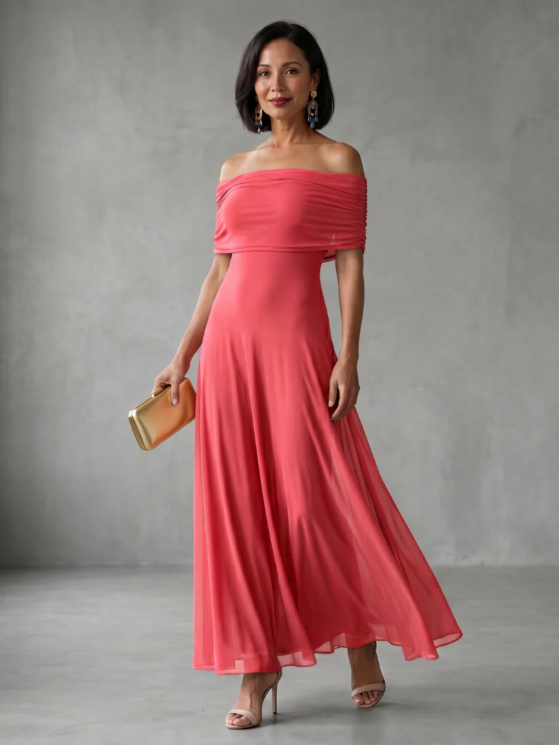 JUNE™ - OFF SHOULDER DRAPED MIDI DRESS
