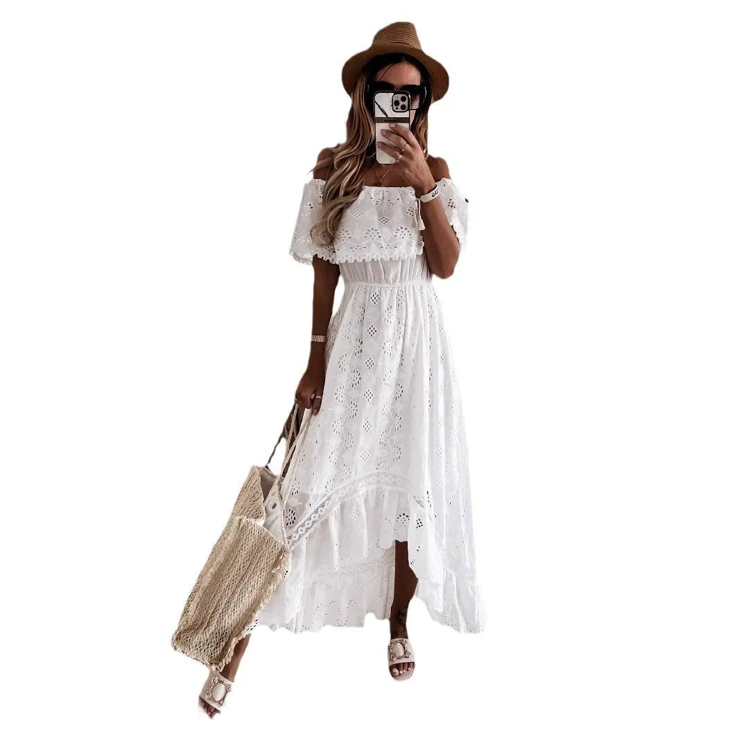 Eyelet Lace Off Shoulder Short Sleeve Tiered Maxi Dress 4