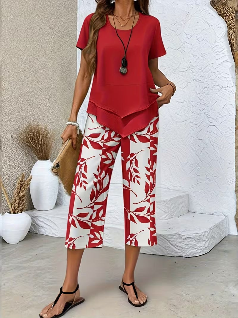 Short Sleeve Top and Leaf Print Cropped Pants Two Piece Set
