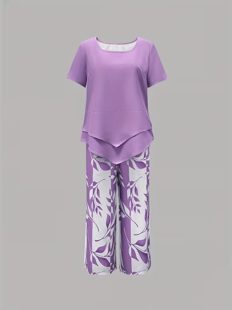 Short Sleeve Top and Leaf Print Cropped Pants Two Piece Set