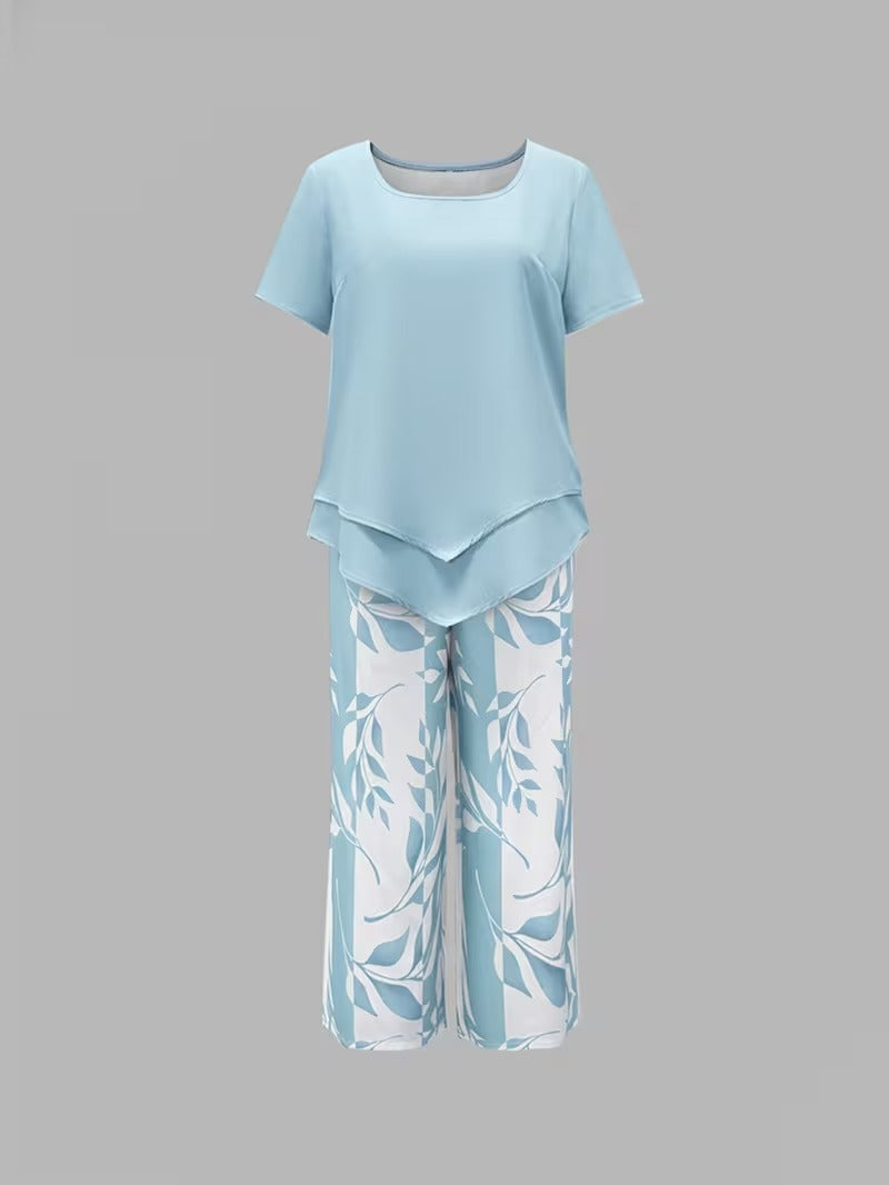 Short Sleeve Top and Leaf Print Cropped Pants Two Piece Set