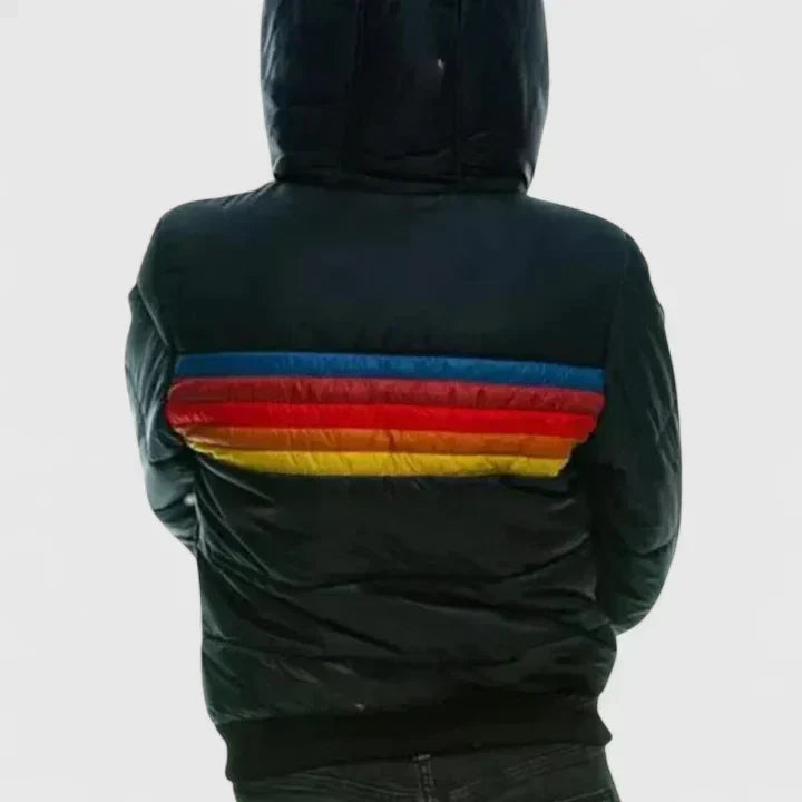 Retro Stripe Zip Front Stand Collar Puffer Jacket