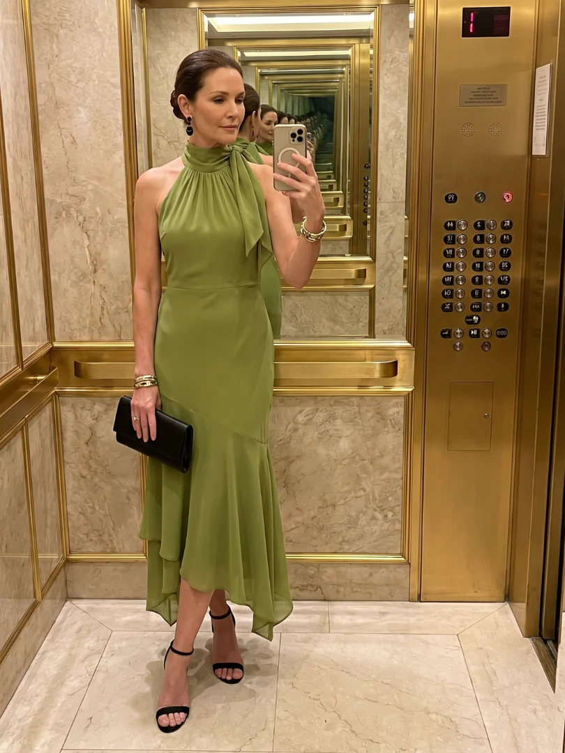 Halter Neck Tie Detail High Low Ruffle Midi Dress