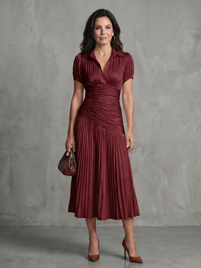 Collared Short Sleeve Pleated Ruched Midi Dress