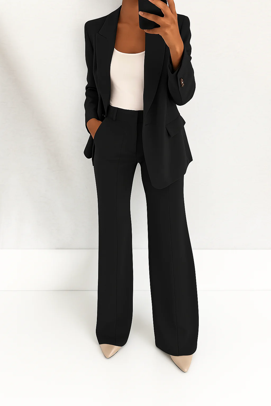 Single Button Blazer and Wide Leg Pants Two Piece Set