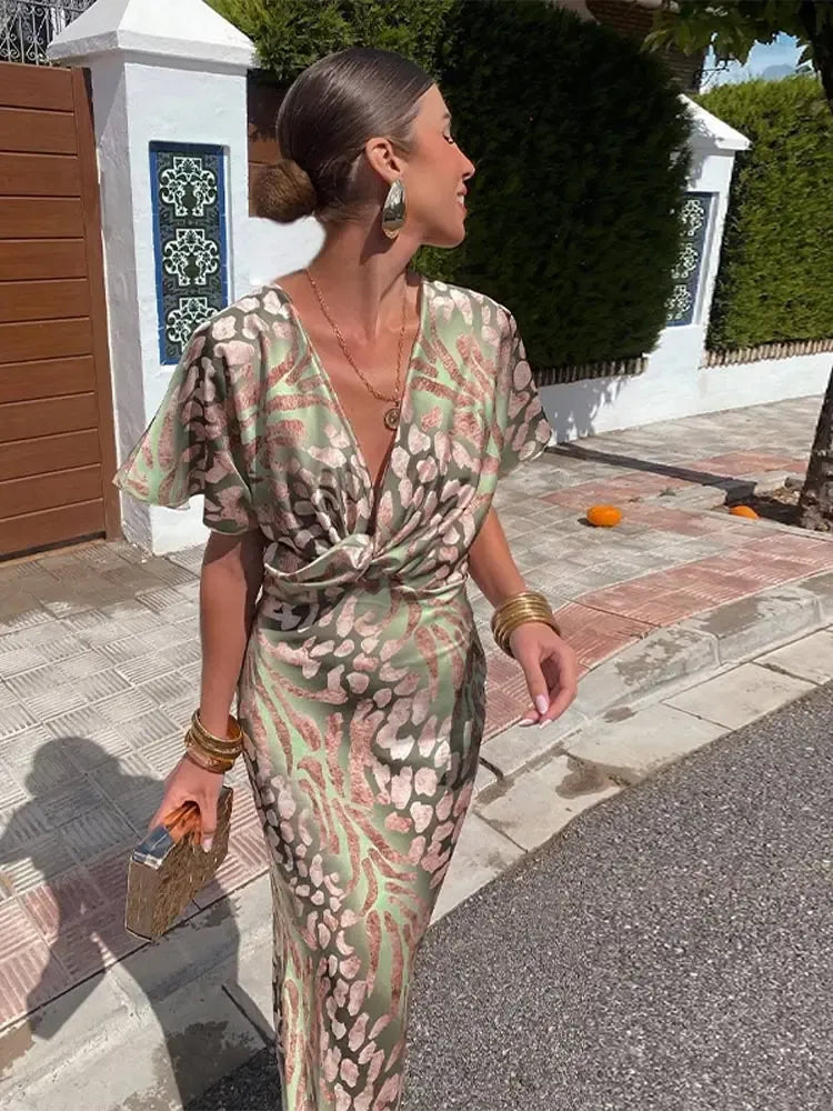 Animal Print Deep V-Neck Twist Front Maxi Dress
