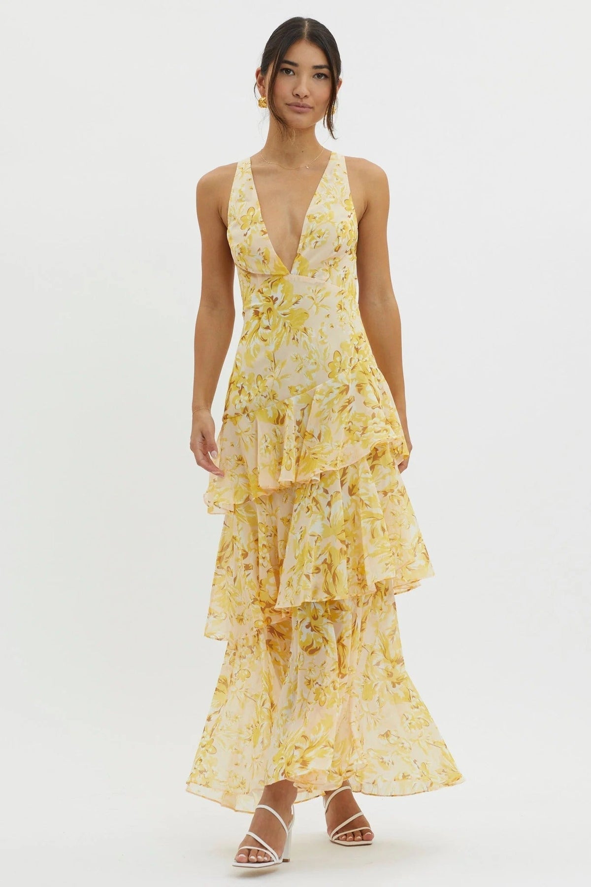 Floral Print Plunge V-Neck Sleeveless Tiered Ruffle Maxi Dress 4