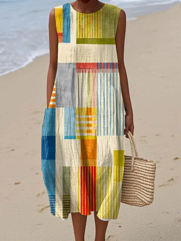 Geometric Colorblock Print Crew Neck Sleeveless Midi Dress